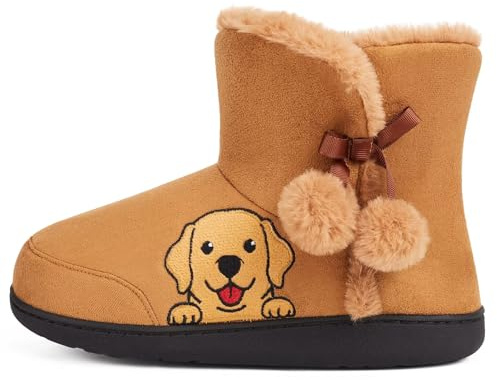 GURGER Chaussons Bottines Femme Hiver Chaud Fausse Fourrure Chaussons Montant Bottes d’intérieur Pantoufles avec Motif Cartoon Mignon Animaux Chien, Marron Taille 38 39