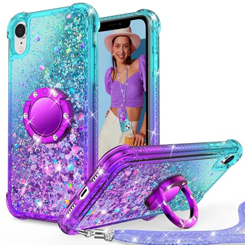 Unlicaku für iPhone XR Hülle mit Band, HandyHülle mit Ring Ständer, Luxus Frauen Mädchen Glitzer Flüssigkeit Stoßfeste Schutzhülle für iPhone XR Case, Lila