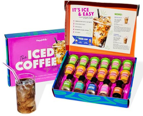 Thoughtfully, Iced Coffee Barista Bar Gift Set, Includes Instant Coffee, Flavored Syrups, Cocoa Powder & Cinnamon Sugar, DIY Coffee Station Sampler Gift for Coffee Lovers