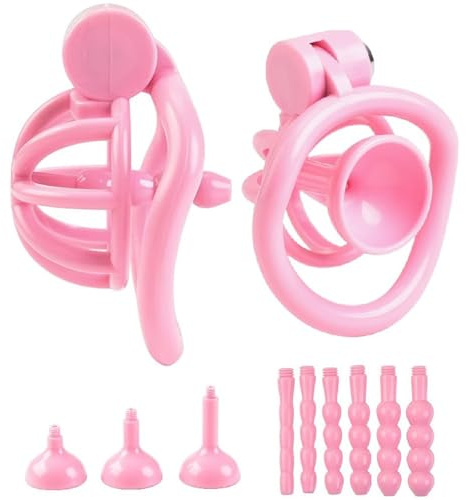 Male Press-Lock Chastity Device Tease Locked Hollow Cock Cage Penis with 3 Urinal Trays and 6 Catheters Exercise for Men （Pink）
