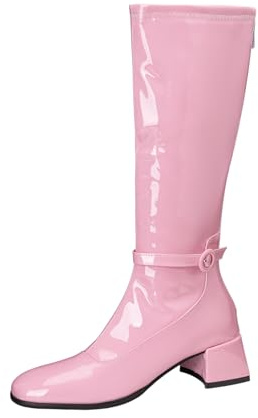 TNMIUH Höga Stövlar Dam Lackläder Look Blockklack Mellanhög Klack Knähöga Stövlar Kvinnor Fyrkantig Tå Dragkedja Gogo Retro Party - Svart Vit Röd Rosa