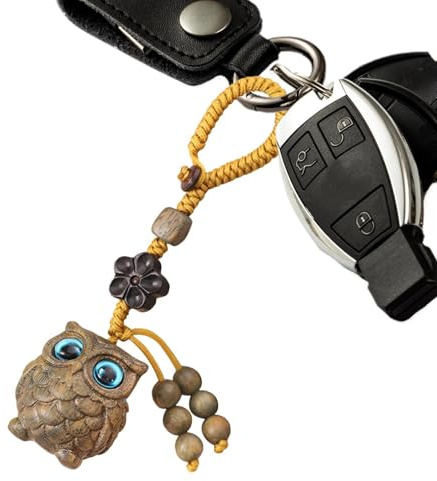 Owl Keychain - Wooden Purse Charm, Fashionable Owl Decor, Delicate Handcrafted Pendant | Animal Bag Tag, Family Friends Gift Aesthetic Phone Strap Protection Symbol Elegant Natural Wood Statue