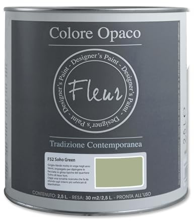 FLEUR DESIGNER'S PAINT | Pittura Chalk Paint Opaca, 2,5 L, Senza Carteggiare, Multisuperficie, Colore F52 Soho Green, Effetto Gesso, Per Pareti e Mobili, Extra Opaco, Ad Acqua, Made in Italy | Senza carteggiare, multisuperficie, effetto gesso, per pareti e mobili, extra opaco, ad acqua, Made in Italy