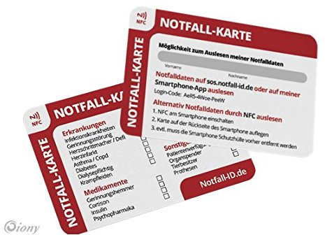 Notfall-ID SOS ID Notfallkarte mit NFC Chip aus PVC mit 3 Monate kostenloser online Notfallpass