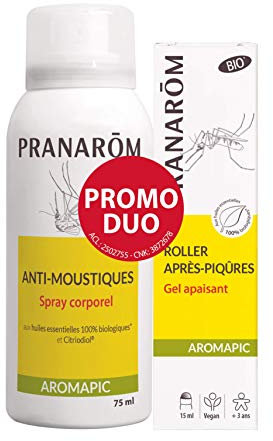 Pranarôm Spray Corporel Anti-Moustiques + Roller Après-Piqûres Bio Eco aux Huiles Essentielles Biologiques Aromapic Promo