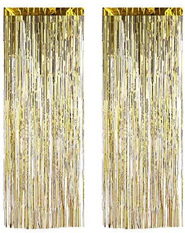 Relaxdays Partyvorhänge 2er Set, Partydeko für Geburstag & Hochzeit, Metallic, Fadenvorhang Glitzer, 100 x 250 cm, gold