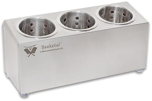 Beeketal 'BBK-3' Profi Gastro Besteckbehälter aus Edelstahl poliert inkl. 3 Köcher einreihig, entnehmbare Besteck Köcher, Oberfläche leicht abgeschrägt - Abmessung (L/B/H): ca. 385 x 150 x 185 mm