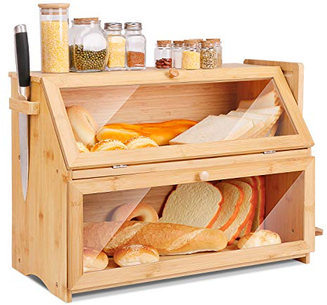 Leader Accessories Double Decker Bamboo Bread Bin 2-Layer Bread Box Large Capacity Bread Storage for Kitchen 19.7x9.8x14.5