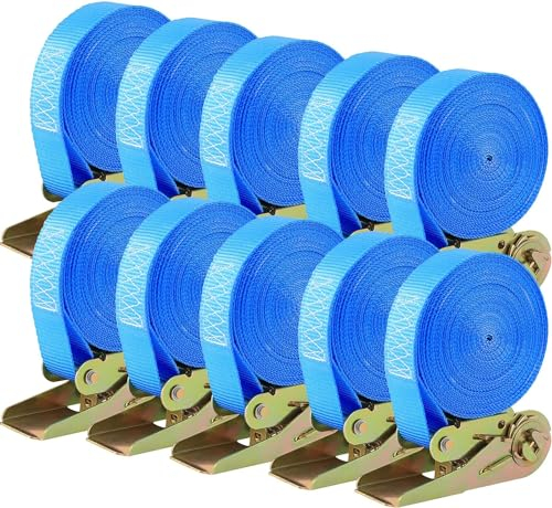 TLGREEN Confezione da 10 cinghie di ancoraggio con cricchetto, lunghezza 6 m, cinghie a cricchetto da 25 mm, set di cinghie di ancoraggio robuste, portata 800 kg, per il fissaggio del carico (blu)