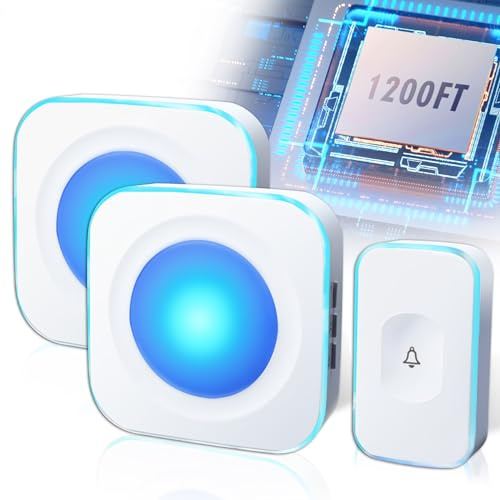Wireless Doorbell Plug in 1200feet wireless door bell Battery Operated Doorbell Button with Flashing Light 36 Melodies 4 Volume 2 Receivers 1 Touch Button White FUHONGRUI