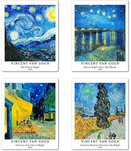 Peinture de Modèle d'art Décoratif en 4 Pièces , Décoration Murale d'image de Motif de Paysage Sans Cadre, taille du papier d'art: 28x35 cm, Bleu Starry Night Pour Maison Vincent Van Gogh Prints
