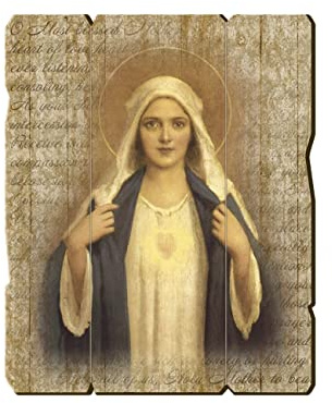 Hermanos Bonella | Cuadro de madera contorneada estilo vintage del corazón inmaculado de María f.to 19 x 24 cm | Fabricado en Italia