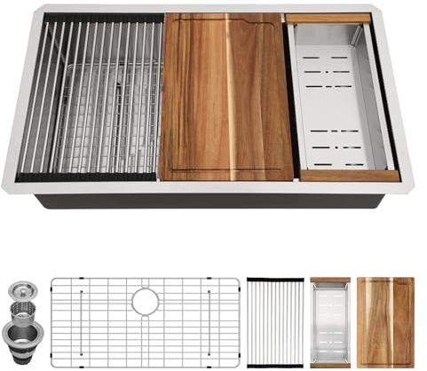 Couoko 33 Inch Undermount Kitchen Sink 16 Gauge Stainless Steel Workstation Round Corners Single Bowl Under Counter Kitchen Sinks Basin, 33x19x9