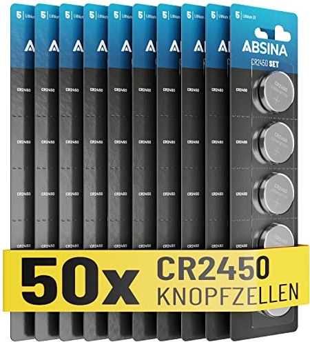 ABSINA CR2450 Knopfzelle 50er Pack - CR 2450 3V Knopfzellen auslaufsicher & mit Langer Haltbarkeit - CR 2450 Batterien, Knopfzellen CR2450, Batterie 2450, Batterien 2450 Knopfzelle Großpackung