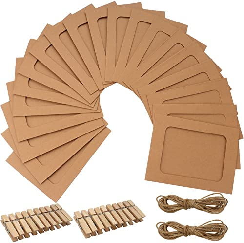 Roellgs 20 Stück DIY kreative Papierrahmen Bilderblock hängende Albumhalter mit Mini-Clip und Hanfseil, 11,5 x 15,5 cm, geeignet für Wanddekoration zu Hause (Kraftpapierfarbe)