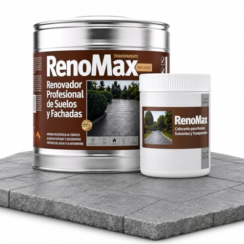 Renomax - Resina Hormigon Impreso y Superficies Porosas Al Disolvente + Tinte Hormigon Impreso Color Cemento, 15L Cubre hasta 150m² | Repara y Protege Suelos,Fachadas | Garantía 5 Años