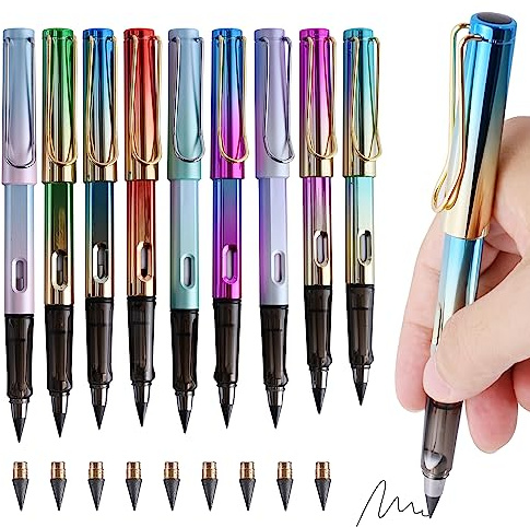 SEILETOO 9PCS Inkless Pencil with Eraser，5 Sets Infinity Pencil, Reusable with Extra 9PCS Replaceable Nibs for Home, Office & School Writing, Drawing