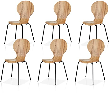 KHG 6er Set Stapelstühle Esszimmerstuhl Stuhl aus Schichtholz mit Eiche-Dekor - Sitzhöhe 45 cm, Stuhlbeine aus Metall - stapelbar für Esszimmer Gastronomie Büro