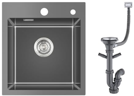KINKIBOS Spülbecken 304 Edelstahl 45 x 50cm mit Siphon, Spüle Grau Schwarz | Einbauspüle mit Überlauf und 2 Löcher, Edelstahlspüle mit Ablaufgarnitur Komplett, 1 Becken für 50 cm Unterschrank