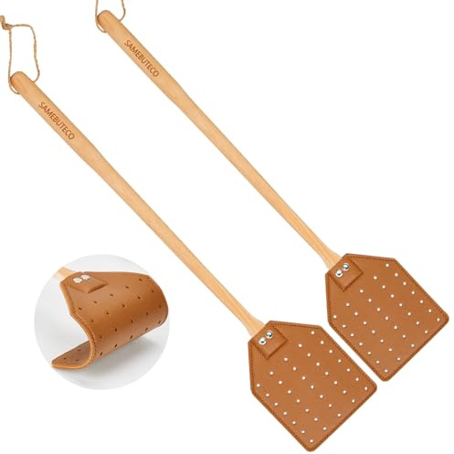 SAMEBUTECO Strapazierfähige Fliegenklatsche aus Leder mit Bank-Holzgriff, 50 cm Länge, ideal für effektive Insektenbekämpfung (2er-Pack, Braun)