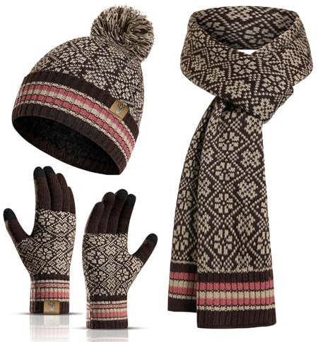 INSISMY Schal Mütze Handschuhe Set Damen Wintermützen mit Pompon, 3 Stück | Beanie Mütze Damen mit Bommel und Fleecefutter, Touchscreen Handschuhe für Smartphones, Strick Schal mit Schneeflockenmuster