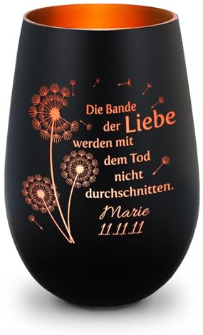 GRAVURZEILE Deko Windlicht aus Glas mit Gravur - Pusteblumen - Personalisiert mit Namen & Datum - Trauerlicht für Teelichter und Kerzen - Grabschmuck zur Beerdigung oder als Andenken - Schwarz/Bronze