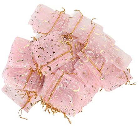 Tyenaza Kordelzugbeutel, 100 Stück, Mondstern-Organzabeutel Mit Kordelzug, Transparent, Niedlich, Rosa Organza-Geschenkbeutel Für Party, Weihnachten, Festival