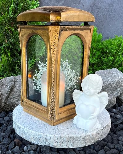 Grabschmuck-Set Grablampe Classico Premium Massiv Bronze mit Sockel und Engel Grableuchte Grablicht Kerze Grabkerze Grablaterne Granitsockel Herz Lampe Laterne Trauer Liebe Friedhof