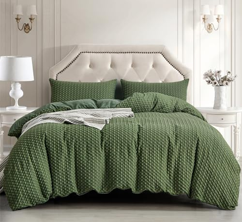 Waffle Seersucker Duvet Cover Set Green Puckering Checkered Bedding Set,2 Pillowcases and Zipper Closure,Soft Microfibre,Double Size 200×200 cm