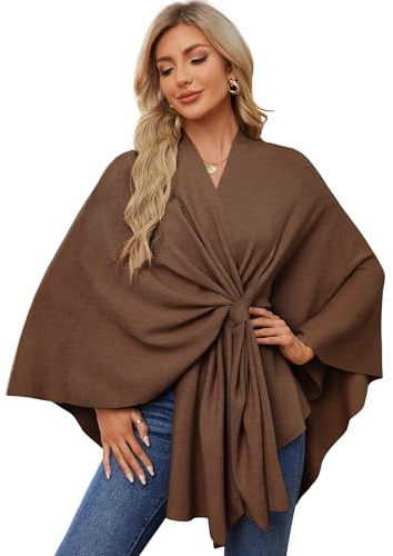 PULI Dam elegant poncho stickad ponchos capes öppnas fram mångsidig sjal med flik, Karamell, one size