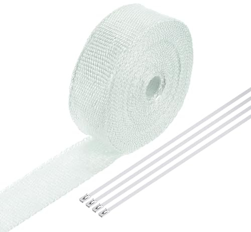 QUARKZMAN Hitzeschutzband 10 Meter x 5cm Auspuff Dichtband Auspuffband Fibreglass mit 4 Edelstahl Kabelbinder, für Auspuffkrümmer von Motorrädern und Autos, Weiß