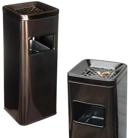 Qualiware Litter Dustbin Large Rubbish Waste Bin And Removal Lid Stainless Steel Metal Ash Tray Indoor Outdoor Home Garden Office Restaurant Pub 25Lx25Wx70H cm Black & Silver (Black)