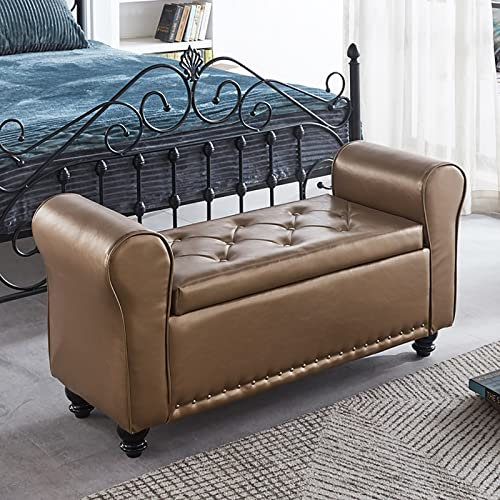 KHLMSRXJ Pu-Leder Armlehnen-Stauraum-Ottomane, Zeitgenössische Rollarm-Stauraum-Bank, Moderne Getuftete Bettbank Eingangsbereich Schuhbank, Holz Sofa Hocker Fußstütze-Golden 100x57x40cm(39x