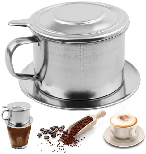 Dorccsi Cafetera vietnamita de acero inoxidable con gotero, incluye tapa, bandeja y filtro, cafetera vietnamita con asa, cafetera de goteo lento para el hogar, la cocina y la oficina