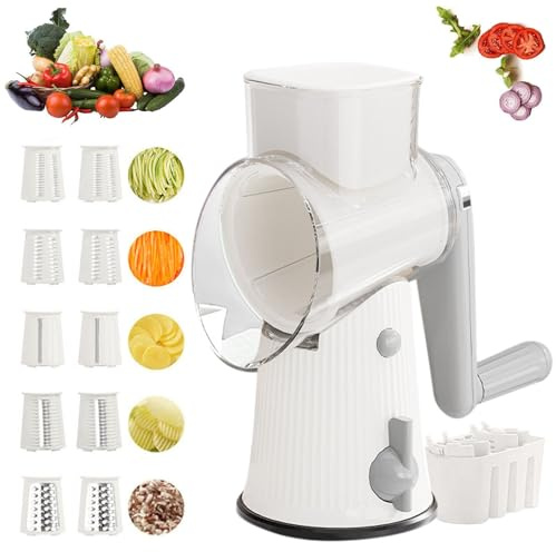 Le D Affaires 5-in-1 Gourmet Grater, Rotary Cheese & Vegetable Slicer with 10 Stainless Blades, Large with Blade Boxes (White)