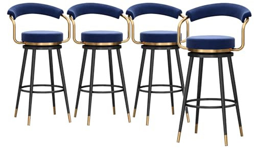 Modernes Set mit 4 blauen Samt-Drehhockern mit hohler Rückenlehne, gepolstert, hohe Barhocker für Küchentheke und Kneipe, 75 cm Sitzhöhe