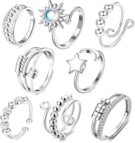 BEZHGOC Anxiety Rings for Women, 8Pcs Fidget Ring for Anxiety Women Silver Zircon Sunflower Daisy Thumb Ring Rotate Beads Stress Reliever Spinner Rings Set