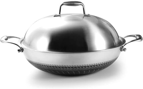 SGKOMN Wok de Acero Inoxidable con Tapa, Wok de inducción Antiadherente, woks para ollas Calientes y salteados con Doble Anillo, Wok pequeño/Grande, Apto para Todo Tipo de Estufas, (38cm)