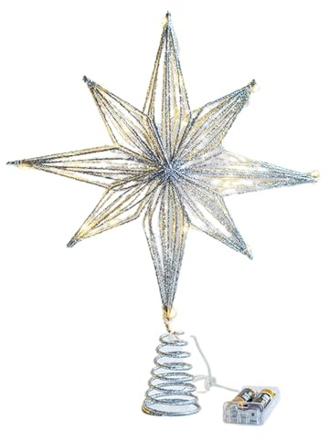 RALIYATX Puntale per albero di Natale a forma di stella, con ornamenti a LED, per Natale, casa, feste, festival, Capodanno, colore argento, 20 cm