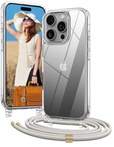 OLEPHY Handykette für iPhone 16 Pro Hülle mit Band, Beige | Necklace Handyhülle, Transparente Schutzhülle zum Umhängen [Verstellbarem und Demontage Umhängeband],