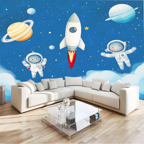 Fototapete Raumschiff Astronaut Kinder 350x256 cm, Vlies Tapeten Himmelblau, Moderne Wandtapete Wohnzimmer Schlafzimmer Effekt Wand Dekoration