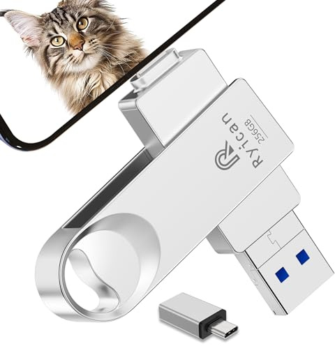 【sans APP】 Cle USB pour lPhone Ryican 256GO Clé USB C 4 en 1 Clef USB 3.0 Stockage Transfert Photos Est Idéale pour Voyageurs,Mini Pendrive Photostick avec iOS/lPad/OTG Android/PC/Tablet,Argent
