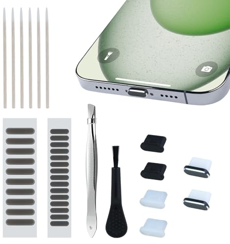 SUNNIFLY Kit de Limpieza Móvil, Compuesto por USB C, Tapón Antipolvo para Altavoz, Bastoncillo de Algodón, Cepillo y Clip para iPhone Serie 15