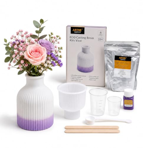 ARTME Set para Crear Jarrón – Haz tu Propio Jarrón Morado Blanco – Kit DIY con 300 g de Yeso Artístico, Polvo de Color + Vaso y Cuchara Medidora