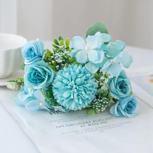 LIJUCAI Ramo de Flores Artificiales de Seda con crisantemo y Rosas para Novia, Boda, jardín al Aire Libre, decoración de Arco, hogar, San Valentín, Accesorios de Guirnalda (3 Piezas/Azul)