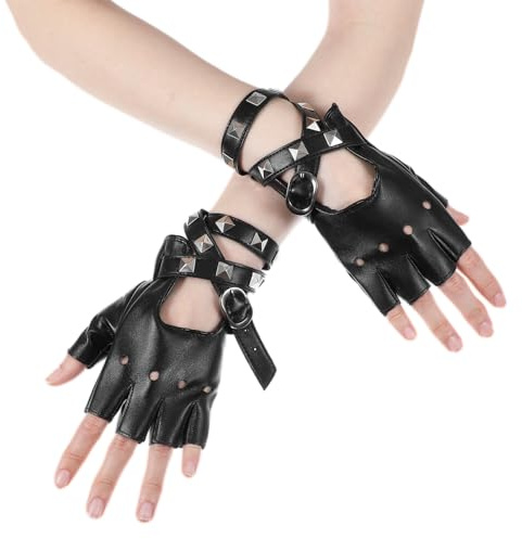 Quilax 1 Paar Rock Fingerlose Lederhandschuhe,Gotik Punk Handschuhe für Frauen,Rocker Damen Nieten Handschuhe,Karneval Kostüm,Halloween Cosplay,Rock Festivals Performance,Hip-Hop Tanz Party Dekoration