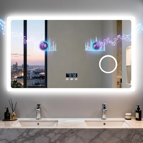 LUVODI Badspiegel mit Beleuchtung Bluetooth: 120x70cm Led Spiegel mit 3-Fach Schminkspiegel und Uhr, 3 Lichtfarbe Einstellbare Badezimmerspiegel Beschlagfrei Speicherfunktion, Wandspiegel