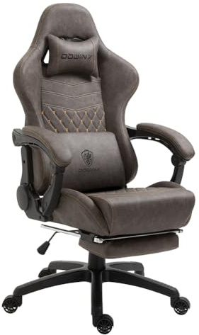 Dowinx Luxuriöser Gaming Stuhl Ergonomisch aus PU Leder mit Boutis-Steppung, Massage-Lendenstütze & Fußstütze, Verstellbarer Bürostuhl 90°-170°, Belastbar bis 200kg, Für Homeoffice & Gaming, Braun