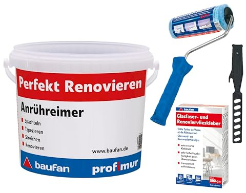 baufan Komplett-Set Vlies Tapezieren: Glasfaser- & Renoviervlieskleber, Mixer, Kleister-Roller & Anrühreimer, Vliestapeten, Vlieskleister