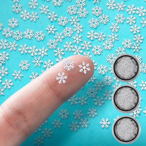 Lysjoy Mini Schneeflocken Deko, 270 Stück Mini Metall Schneeflocke Basteln, Glitzer Schneeflocken Sticker, Winter Weihnachten Deko für Nagelkunst, Kunsthandwerk, Scrapbooking, Tischdekoration (Weiß)